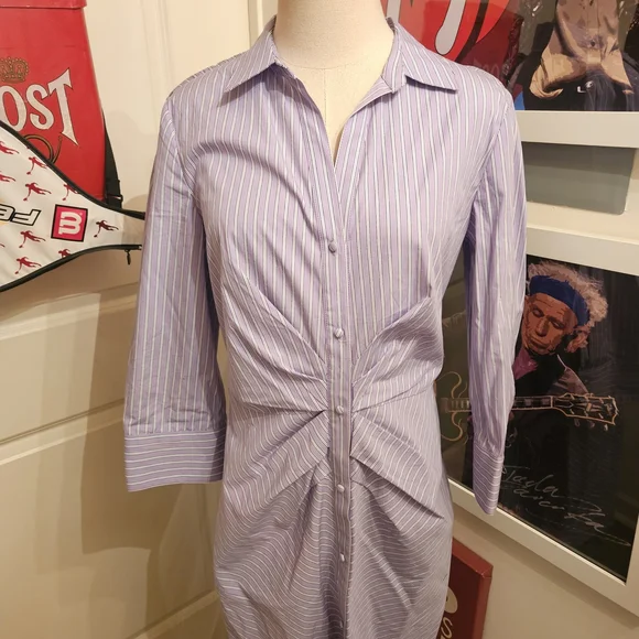 Vince Camuto Lavender & White Striped Twist-Front Midi Shirt Dress - Picture 2 of 6